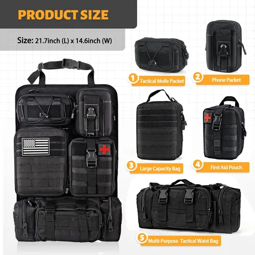 Vista 3 de MAIKER - Organizador táctico para respaldo de asiento de auto, organizador de panel de vehículo con 5 bolsas Molle desmontables, tamaño universal