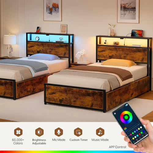 Vista 6 de Rolanstar Marco de cama twin con 4 cajones de almacenamiento, estación de carga y luces LED, cama de plataforma de metal con cabecera