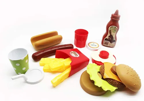 Vista 2 de GiftExpress Burger & Hot Dog - Juego de cocina de comida rápida para niños con hamburguesas, papas fritas, perrito caliente, coca, salsa de tomate