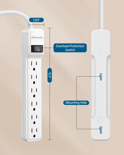 Vista 7 de DEWENWILS Regleta protectora contra sobretensiones de 6 tomas, cable de extensión de 15 pies de largo, enchufe plano de perfil bajo, disyuntor de 15
