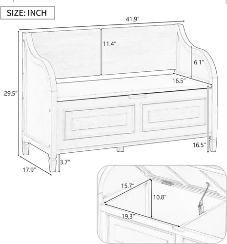Vista 34 de P PURLOVE Banco de almacenamiento de estilo rústico de 42 pulgadas con bisagra de seguridad, banco de almacenamiento multifuncional de madera maciza