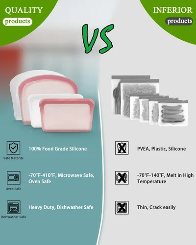 Vista 3 de Bolsas de almacenamiento de silicona reutilizables, paquete de 4 bolsas para bocadillos y sándwiches, bolsas de silicona duraderas con cierre