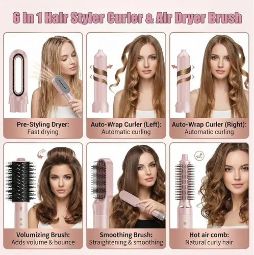 Vista 8 de Cepillos de cabello de aire caliente 6 en 1 y cepillo de soplado - Cepillo secador de pelo de 110,000 RPM - Cepillo secador de cabello - Secado