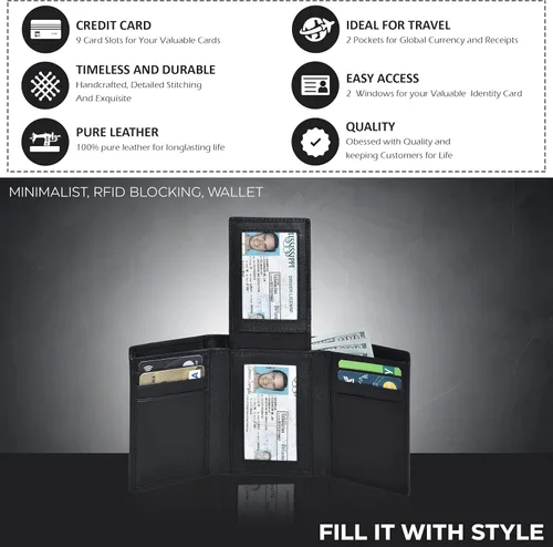 Vista 2 de Billetera triple de cuero real para hombres - Carteras RFID delgadas 9 tarjetas de crédito titular 2 compartimentos de identificación regalo