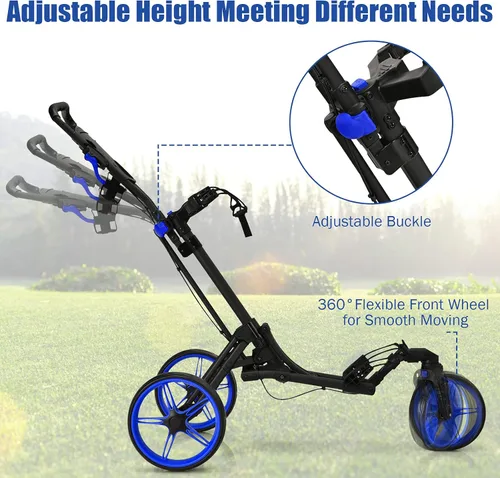 Vista 3 de GYMAX Carrito de golf plegable con rueda delantera giratoria, carrito de golf ajustable de 3 ruedas, carrito de golf compacto fácil de plegar