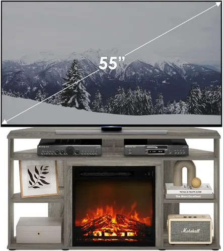 Vista 5 de Furinno Jensen - Soporte esquinero para TV de hasta 55 pulgadas, con chimenea, color gris roble francés