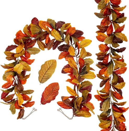Paquete de 2 guirnaldas de hojas de magnolia de otoño, 5.5 pies/pieza, hojas artificiales de otoño, enredaderas, guirnalda de follaje colgante falsa