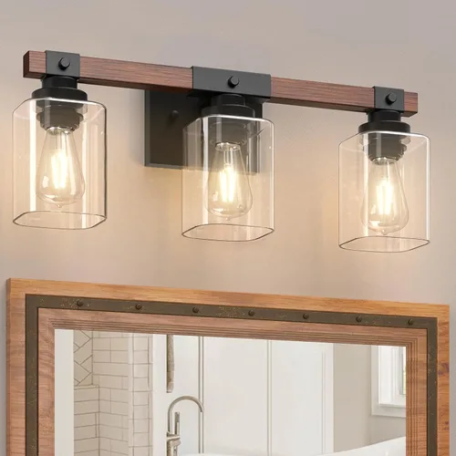 Amico Lámparas de tocador de baño de 3 luces, lámparas rústicas industriales de madera pintada, apliques de pared negros vintage con pantalla de