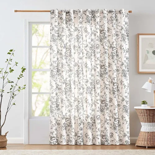 Vista 68 de JINCHAN Cortinas de mezcla de lino con flores para sala de campo francés, cortinas para sala de estar de 84 pulgadas de largo, cortinas impresas