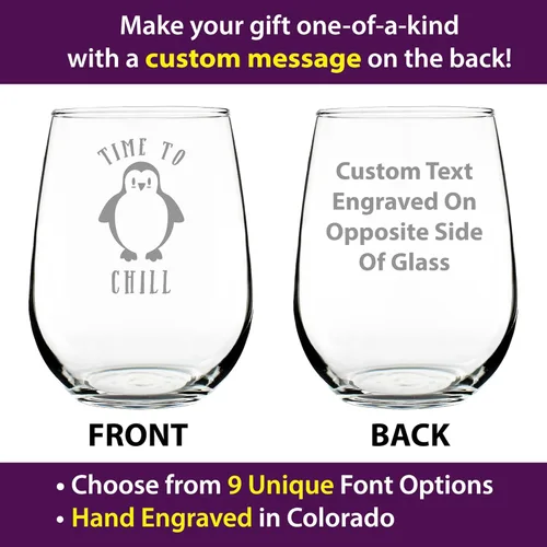 Vista 2 de Custom Time to Chill - Personalized Stemless Wine Glass - Funny Penguin Themed Gifts and Decor - Large 17 oz - Customized Wine Glass Gift