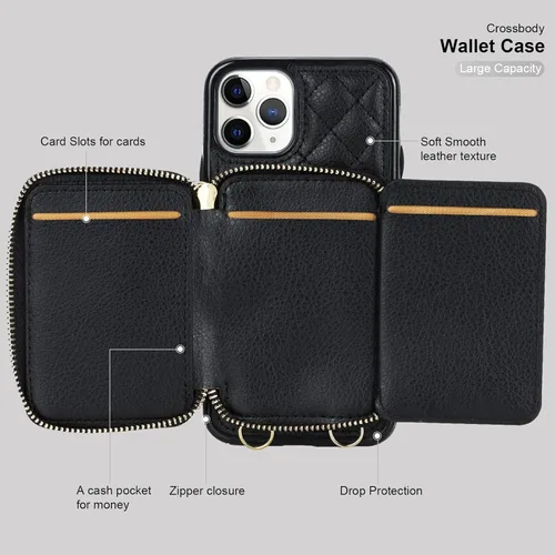 Vista 8 de Bocasal Funda tipo cartera cruzada para iPhone 11 Pro, de piel sintética con bloqueo RFID, con cremallera, funda tipo cartera con función atril
