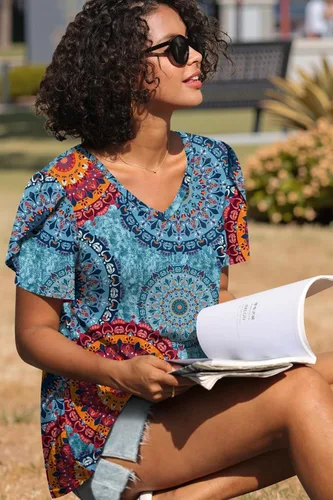 Vista 2 de CATHY 2025 - Blusas de verano para mujer, con mangas cortas, cuello en V, estilo túnica, tallas S-4XL