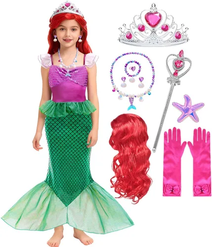iTVTi Disfraz de sirena para niñas pequeñas, disfraz de princesa Ariel con accesorios, peluca para fiesta de cumpleaños, Halloween, cosplay, verde,