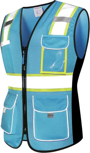 Vista 6 de Chaleco de seguridad para mujer, chaleco reflectante de alta visibilidad con 9 bolsillos múltiples y cremallera