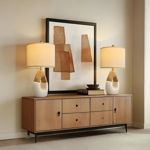 Vista 6 de OYEARS Lámparas de Mesa Boho de 22" para Dormitorio Sala de Estar Conjunto Mejorado de 2 Lámparas de Mesa de Ratán Medianas Estilo Casa de Campo