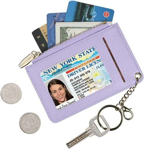 Vista 2 de Carteras pequeñas de cuero delgado para mujeres, tarjetero, cartera, monedero con llavero