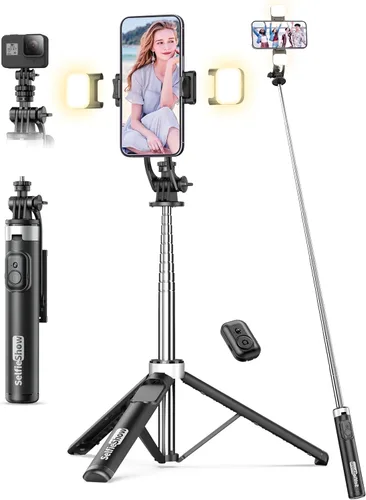 Trípode para selfie stick de 53 pulgadas con luz, palo selfie extensible con control remoto, soporte de trípode portátil para teléfono celular con