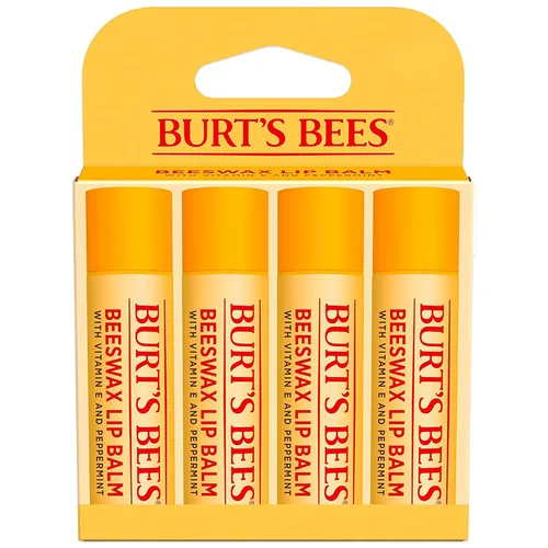 Burt's Bees - Bálsamo labial hidratante 100% natural, de cera de abejas original con vitamina E y aceite de menta - 4 tubos
