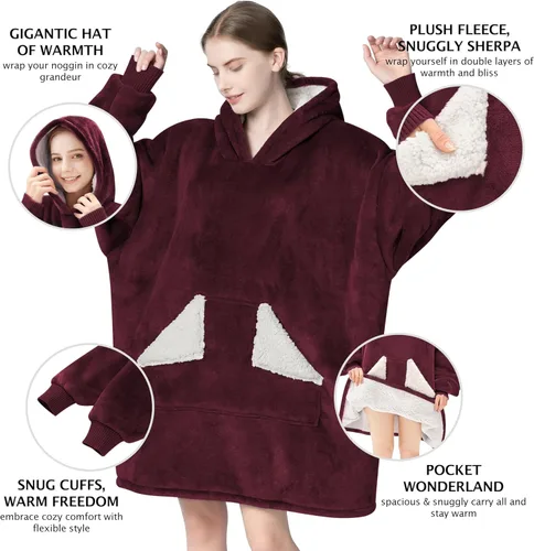 Vista 2 de Touchat - Sudadera con capucha estilo cobija, manta Sherpa de gran tamaño con bolsillo y mangas, manta con capucha súper suave, cálida y cómoda, Vino