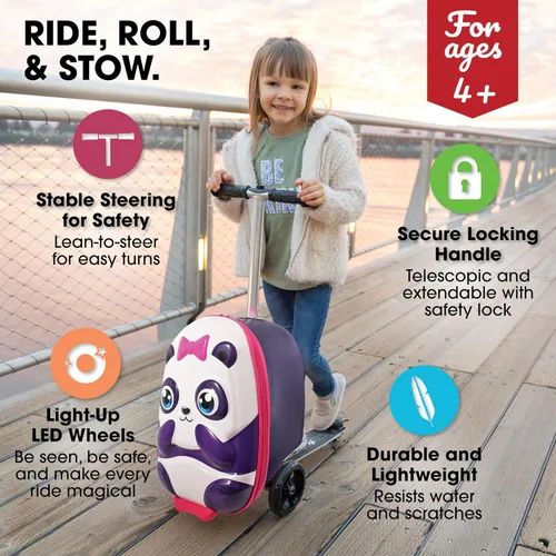 Vista 2 de KIDDIETOTES - Maleta de viaje con scooter para niños Equipaje de mano ligero de carcasa rígida con scooter plegable, ruedas LED, diversión de viaje