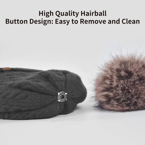 Vista 2 de Conjunto de gorro de invierno para mujer, gorro clásico con pompón extraíble, bufanda larga, guantes para pantalla táctil, juego 3 en 1