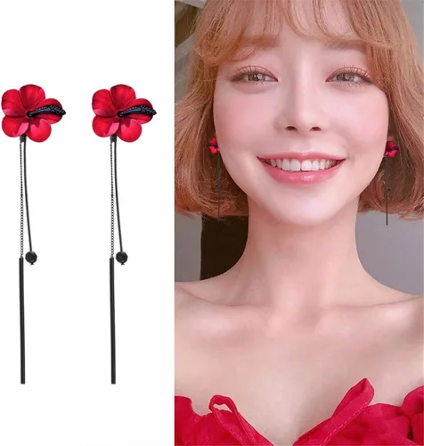 Vista 3 de D.Rosse Pendientes largos con diseño de flor de borla bohemio, de metal mate, con diseño floral, para mujer.