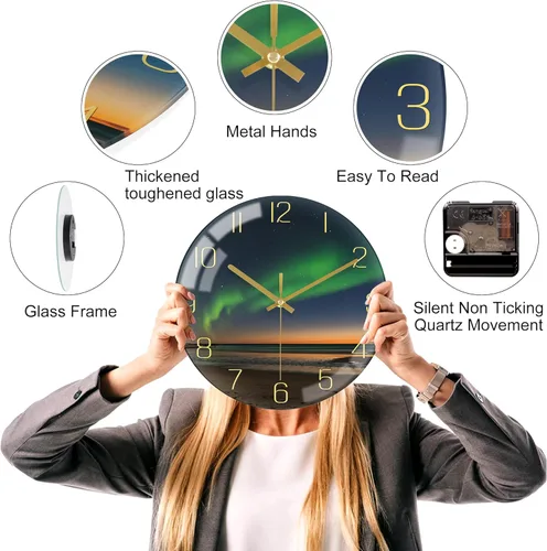 Vista 5 de VIKMARI Reloj de pared moderno de 8 pulgadas, accesorios estéticos de decoración negra y dorada, relojes aurora silenciosos inusuales sin tictac