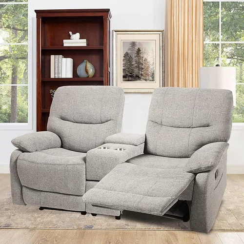 Vista 2 de Sofá reclinable, sofá biplaza reclinable doble con consola, sofá de 2 plazas, asiento de cine en casa, sofás reclinables de tela con almacenamiento