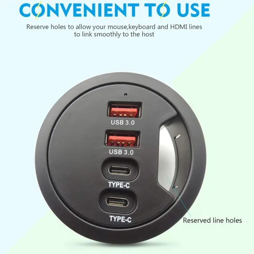 Vista 5 de Hub USB 3.0 con ojal para escritorio (diámetro de 2.36 pulgadas o 2.362 in) 2 puertos tipo A y 2 puertos tipo C, carga compatible y transmisión