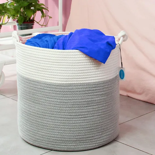 Vista 6 de Casaphoria Cesta de cuerda de algodón tejida con asa para dormitorio, cesta de almacenamiento redonda para baño, canasta grande para manta para sala