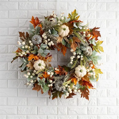 Vista 8 de Coronas de otoño de 17.7 pulgadas para puerta delantera, coronas de puerta de otoño para exteriores, corona floral y de temporada, decoración