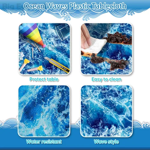Vista 3 de Mantel de plástico con estampado de olas del océano azul bajo el mar, para playa, piscina, fiesta de cumpleaños, suministros de decoración