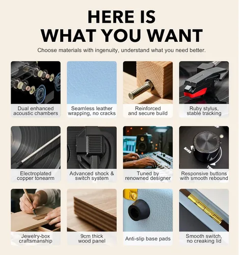 Vista 6 de VINYLSLINK Reproductor de discos de vinilo con Bluetooth, tocadiscos portátil de 3 velocidades con control de agudos y graves, altavoces estéreo