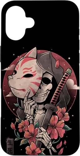 Vista 22 de iPhone 16 Death Messenger Japanese Aesthetics Grim Reaper Kitsune Mask Case