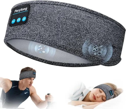 Perytong - Diadema con auriculares inalámbricos, Bluetooth, sonido estéreo, ultra delgada, HD, perfecta para dormir, entrenar, trotar, yoga, Gris