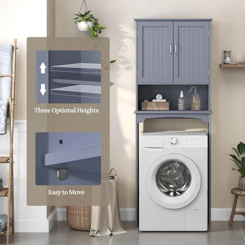 Vista 8 de Yaheetech Armario de baño sobre el inodoro con 2 puertas y estante ajustable, estante de inodoro independiente que ahorra espacio, 24.5 pulgadas