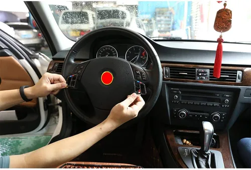 Vista 3 de YIWANG Adhesivos de marco de botón de volante de fibra de carbono real, 2 unids para BMW Serie 3 E90 2005-2012 accesorios de automóvil
