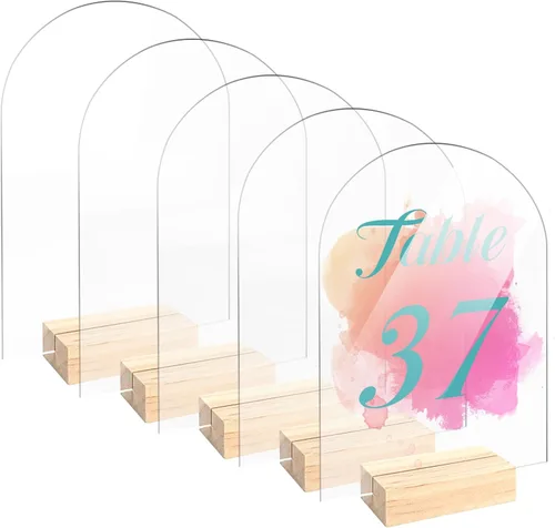 Vista 8 de Bercoor Paquete de 5 carteles acrílicos de arco transparente en blanco de 4 x 6 pulgadas con soportes de madera, hoja acrílica arqueada, números
