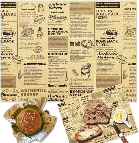 Vista 6 de OTOPETE 300 piezas de hojas de papel para alimentos, hojas de papel a prueba de grasa de 10"x10", papel kraft de tres patrones, forro para cesta