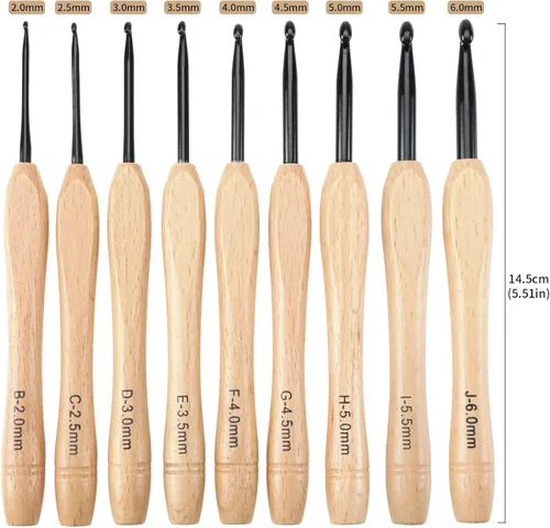 Vista 5 de Create idea Juego de 9 ganchos de ganchillo con mango plano ergonómico, agarre de madera para tejer a ganchillo, suministros ligeros de 0.079