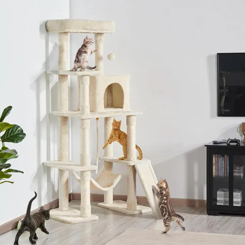 Vista 2 de Yaheetech Árbol resistente de 54 pulgadas para gatos grandes, condominio de gatitos de varios niveles con postes rascadores, hamaca y percha Beige