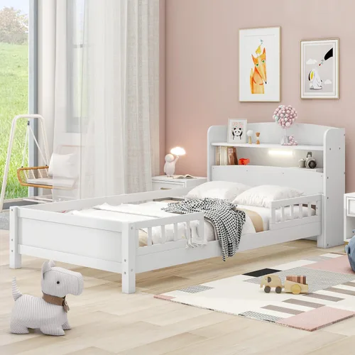 Vista 3 de Cama de plataforma de madera tamaño individual con luz LED integrada, cabecera de almacenamiento y barandilla de seguridad para niños, adolescentes
