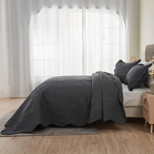 Vista 4 de Kingnex Juego de colcha de tamaño King, suave, ligera, acolchada, 3 piezas, 1 edredón y 2 fundas de almohada, color gris oscuro