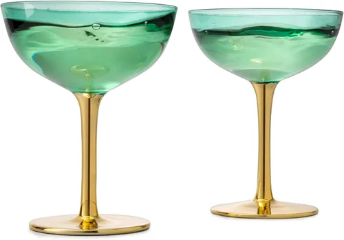 Vista 2 de Copas de colores Coupe Art Deco doradas, juego de 2, cristalería clásica de cóctel de 12 onzas para champán, martini, Manhattan, sidecar, tallos