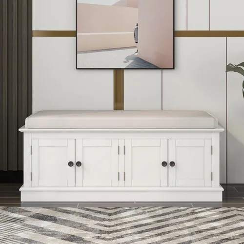 Vista 14 de Merax Banco de zapatos de madera de granja con almacenamiento y cojín de asiento para entrada, pasillo, puerta delantera, azul marino antiguo