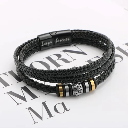 Vista 6 de Pulsera de cuero para hombre, pulsera de cuero trenzado multicapa con cierre, pulsera inspiradora negra, pulsera de Navidad, cumpleaños, día de San