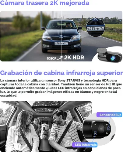 Vista 4 de VIOFO A229 Pro 3 canales 4K HDR Dash Cam, Dual STARVIS 2 Sensores IMX678 e IMX675, 4K+2K+1080P Cámara triple frontal interior y trasera para coche