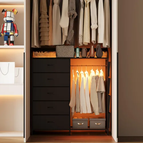 Vista 7 de LUMTOK - Cómoda con estante para colgar, 5 cajones de tela y bolsillo lateral para dormitorio Negro
