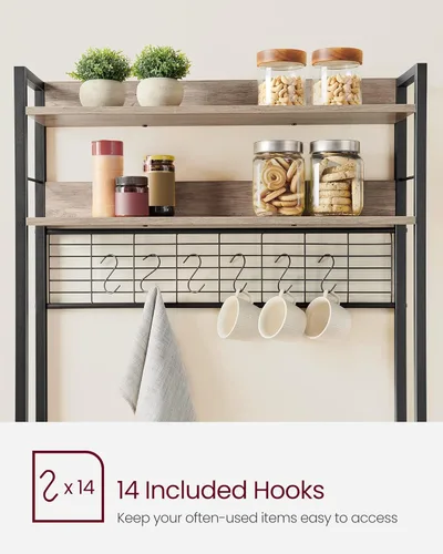 Vista 55 de VASAGLE Hutch - Estante para panaderos con toma de corriente, soporte para microondas de 14 ganchos, barra de café ajustable con panel de alambre