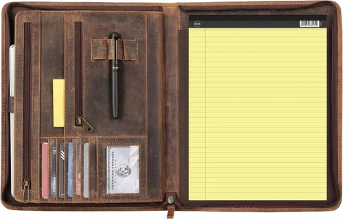 KomalC - Portafolio de cuero con cierre de cremallera | Portafolio de negocios para documentos, tabletas y accesorios | Organizador vintage de cuero